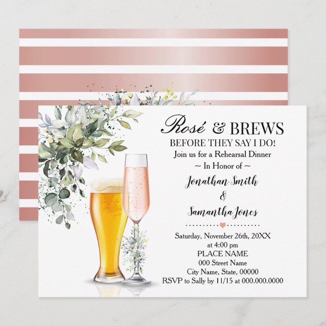 Eucalyptus Greenery Rose & Brews Rehearsal Dinner Invitation (Front/Back)