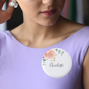 Eucalyptus greenery rose gold floral name tag 1 inch round button