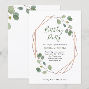 Eucalyptus Greenery Rose Gold Geo Birthday Party Invitation