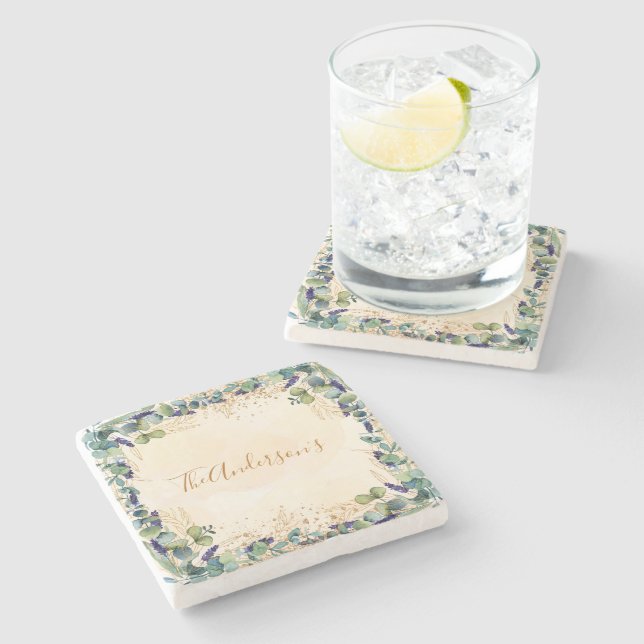 Eucalyptus greenery rose gold glitter family stone coaster (Side)