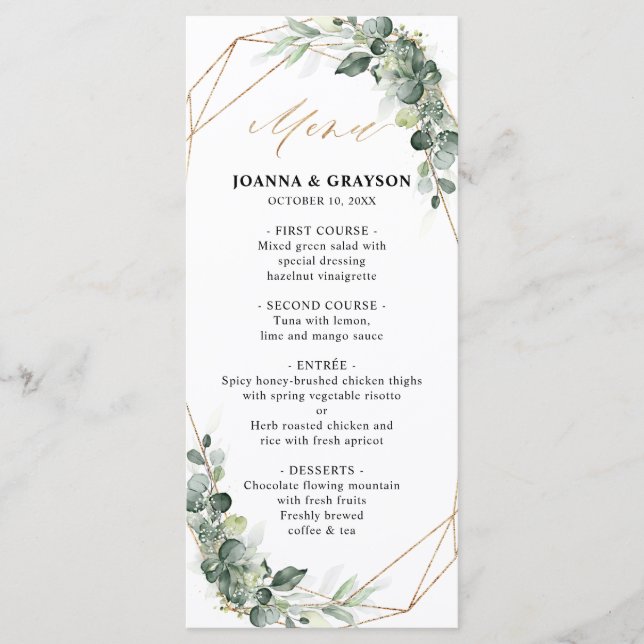 Eucalyptus Greenery Rustic Geometric Wedding Menu (Front)