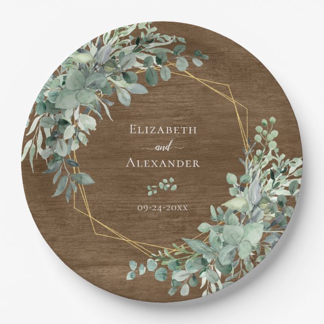 Eucalyptus Greenery Rustic Wood Geometric Wedding Paper Plate (Front)