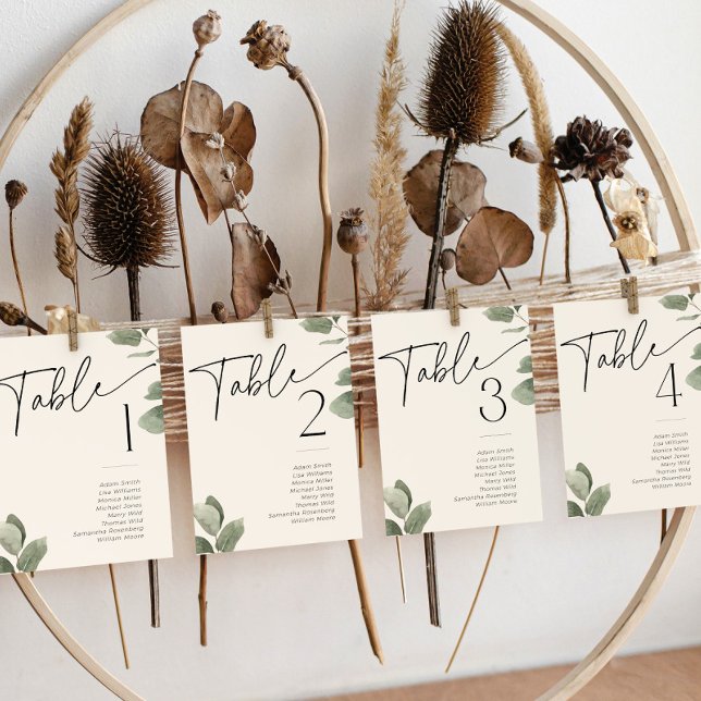 Eucalyptus Greenery Sage Green Table Number Name (Eucalyptus Greenery table numbers and seating chart cards)