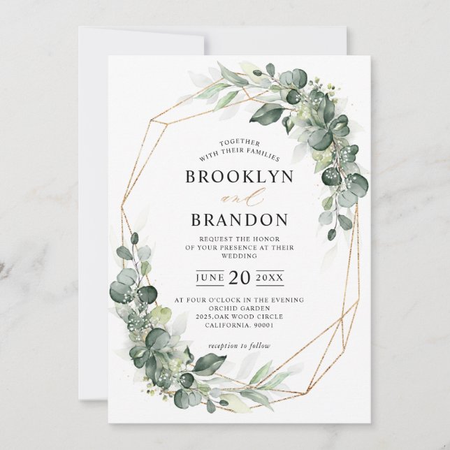 Eucalyptus Greenery Sage Rustic Geometric Wedding Invitation (Front)