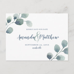 Eucalyptus Greenery Save the Date Blue Watercolor Announcement Postcard