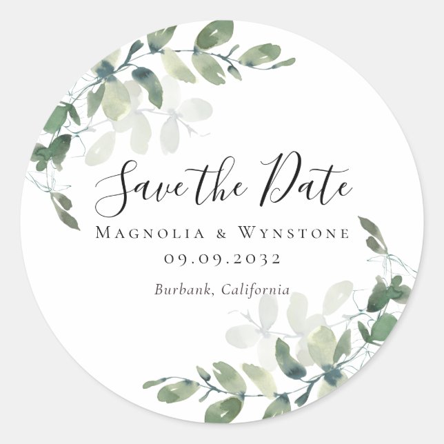Eucalyptus Greenery Save the Date Classic Round Sticker (Front)