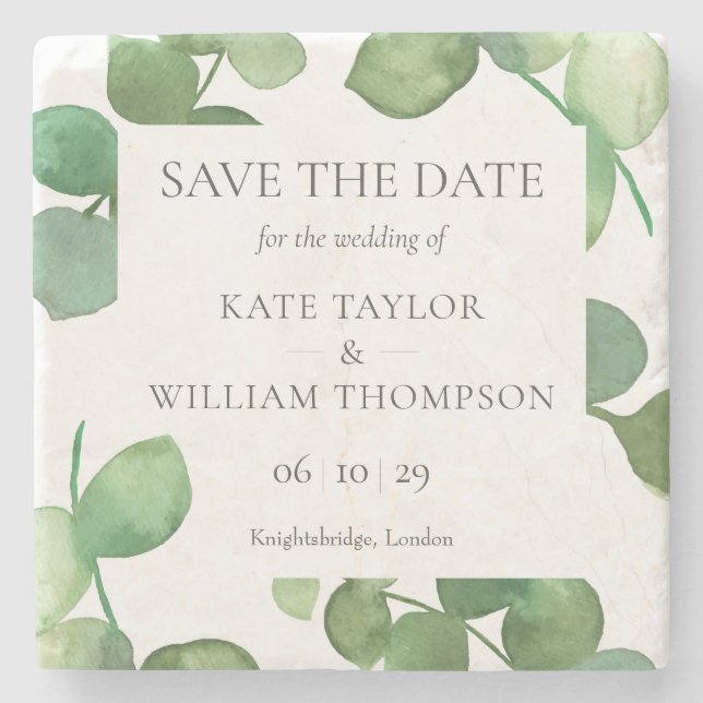 Eucalyptus Greenery Save the Date Stone Coaster (Front)