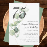 Eucalyptus Greenery Script 75th Birthday Invitation<br><div class="desc">Cute and modern, yet elegant 75th birthday party invitations. Featuring a trendy layout and watercolor floral and greenery eucalyptus and pink blush. Perfect for any age birthday party invitation. The template that can be easily edited and the text replaced with your own details by clicking the "Personalize" button. For further...</div>