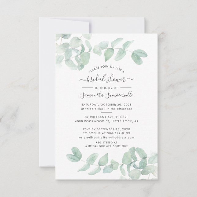 Eucalyptus Greenery Script Botanical Bridal Shower Invitation (Front)