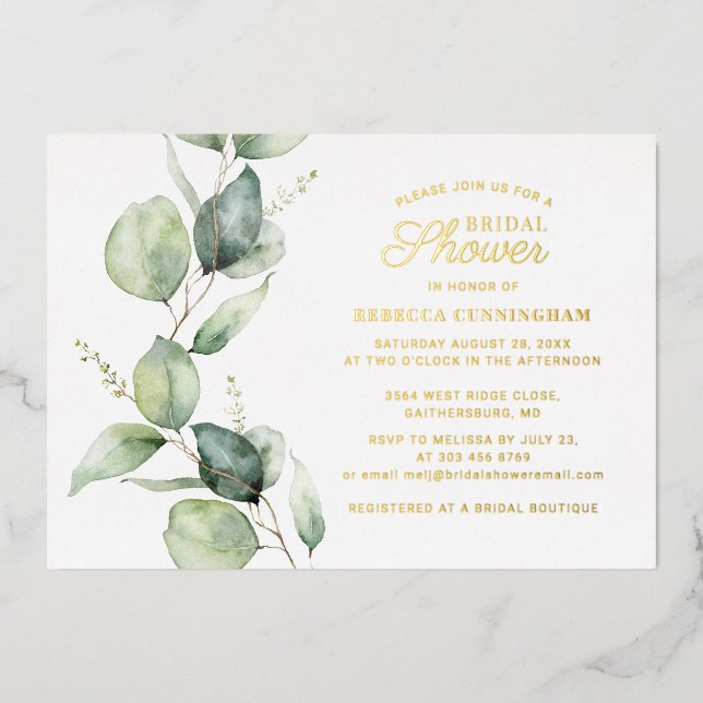 Eucalyptus Greenery Script Bridal Shower Gold (Front)