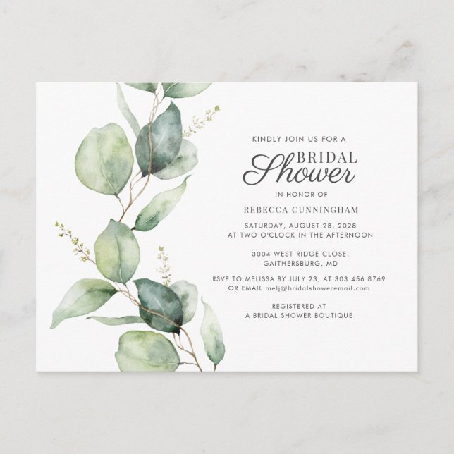 Eucalyptus Greenery Script Bridal Shower Invitation Postcard (Front)
