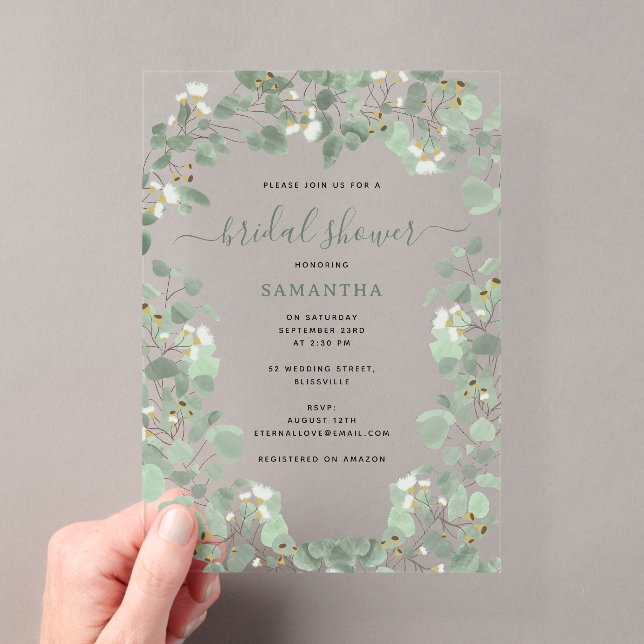 Eucalyptus Greenery Silver Dollar Bridal Shower Acrylic Invitations (Insitu (Handheld))