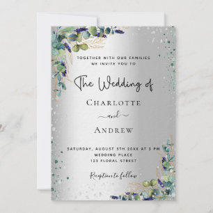 Eucalyptus greenery silver script luxury wedding invitation