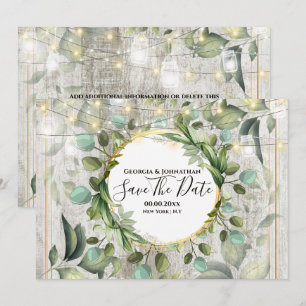 Eucalyptus greenery string lights country wood save the date