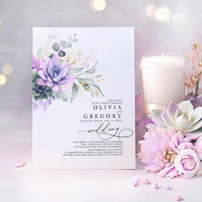 Eucalyptus Greenery Succulents and Gold Wedding Invitation (Purple Succulents and Gold Greenery Elegant Wedding Invitations)