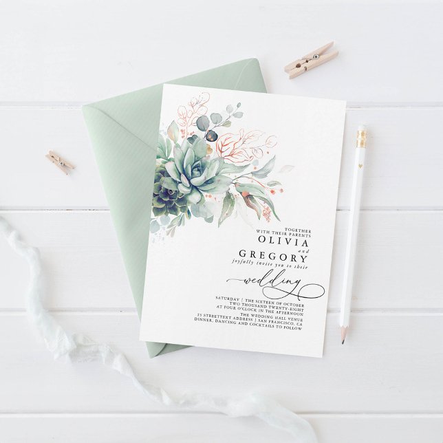 Eucalyptus Greenery Succulents Rose Gold Wedding Invitation (Greenery Wedding Invitations)