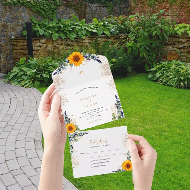 Eucalyptus greenery sunflower glitter wedding all in one invitation (Creator Uploaded)