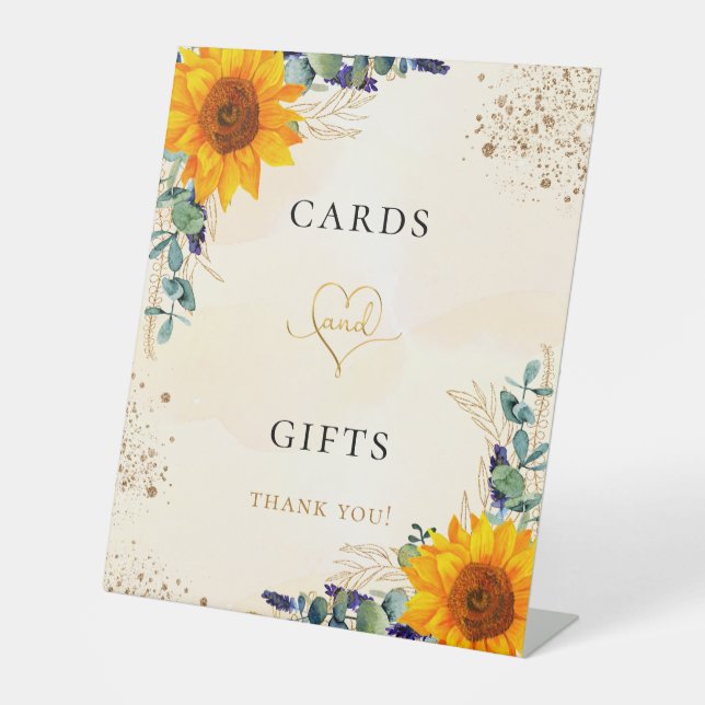 Eucalyptus greenery sunflowers cards gifts pedestal sign (Front)