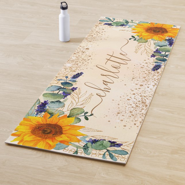 Eucalyptus greenery sunflowers glitter dust yoga mat (In Situ)