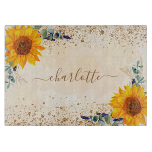 Eucalyptus greenery sunflowers rose gold glitter cutting board