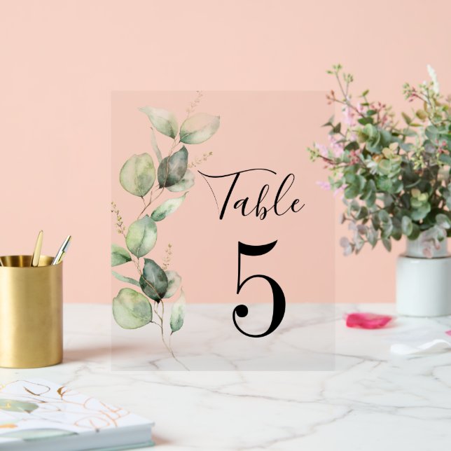 Eucalyptus Greenery Table Number 5 Wedding Seating Acrylic Sign (Wedding)
