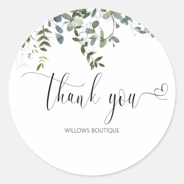 Eucalyptus Greenery Thank You Calligraphy   Classic Round Sticker (Front)