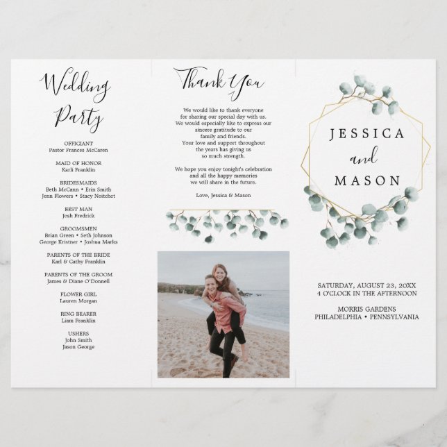 Eucalyptus Greenery Tri-Fold Wedding Program Photo (Front)
