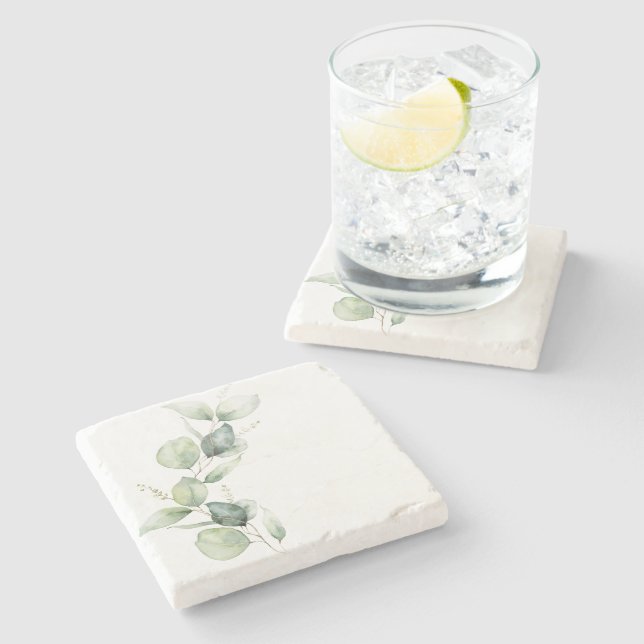 Eucalyptus Greenery Watercolor Botanical Stone Coaster (Side)