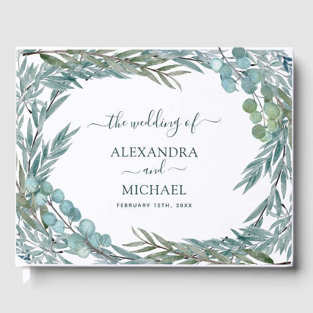 Eucalyptus Greenery Watercolor Botanical Wedding Guest Book (Front)