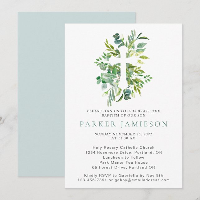 Eucalyptus Greenery Watercolor Cross Baptism  Invi Invitation (Front/Back)