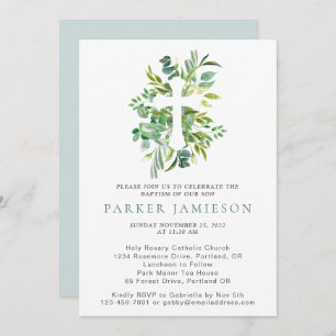 Eucalyptus Greenery Watercolor Cross Baptism Invi Invitation