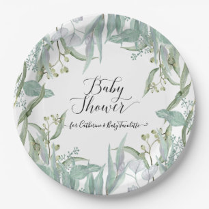 Eucalyptus Greenery Watercolor Foliage Baby Shower Paper Plate