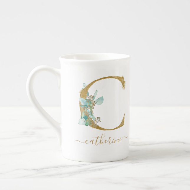 Eucalyptus Greenery Watercolor Gold Monogram C Bone China Mug (Left)