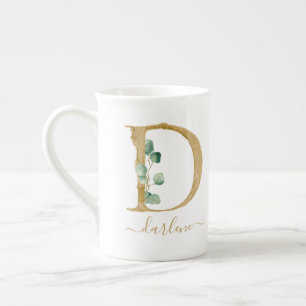 Eucalyptus Greenery Watercolor Gold Monogram D Bone China Mug
