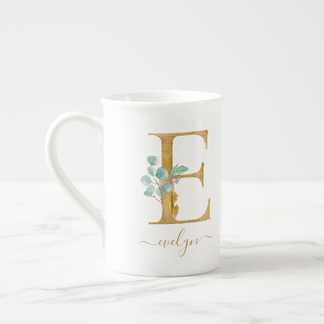 Eucalyptus Greenery Watercolor Gold Monogram E Bone China Mug (Left)