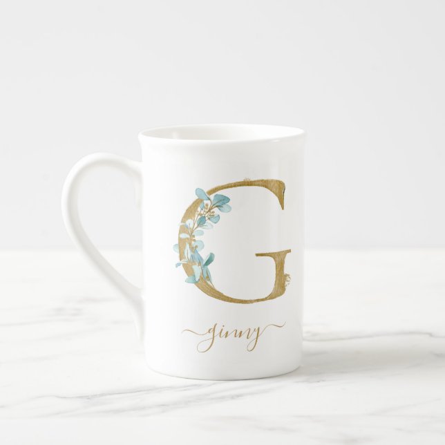 Eucalyptus Greenery Watercolor Gold Monogram G Bone China Mug (Left)