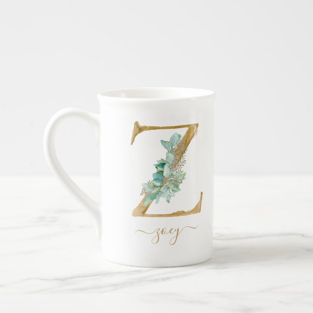 Eucalyptus Greenery Watercolor Gold Monogram Z  Bone China Mug (Left)