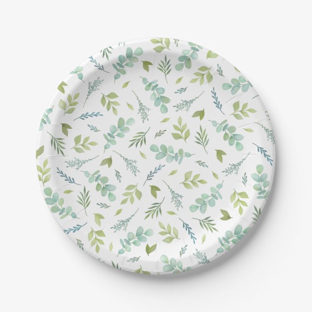 Eucalyptus Greenery Watercolor Pattern Paper Plate (Front)