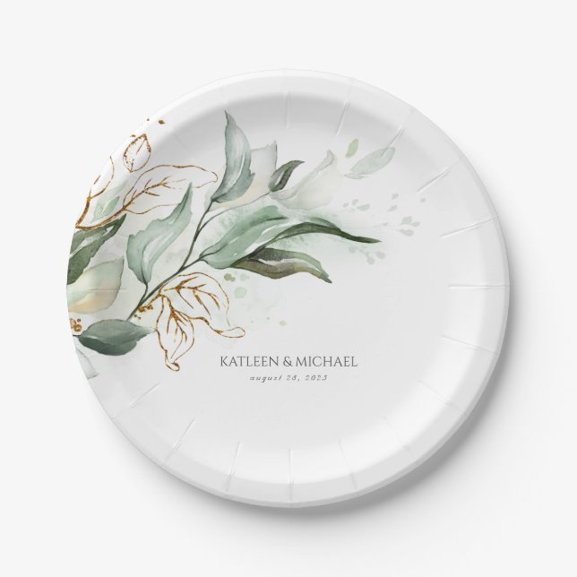 Eucalyptus Greenery Watercolor Romantic Wedding Paper Plate (Front)