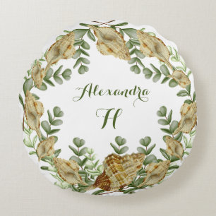 Eucalyptus Greenery Watercolor Seashell Round Pillow