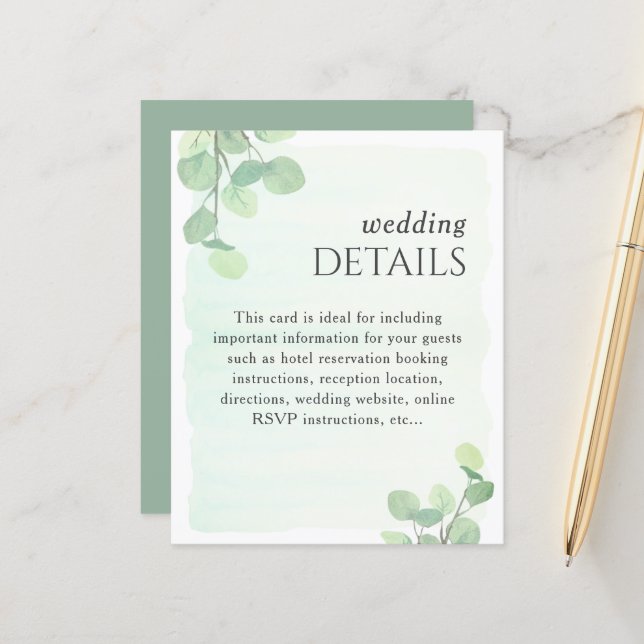 Eucalyptus Greenery Watercolor Wedding Details (Front/Back In Situ)