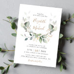 Eucalyptus Greenery Watercolor Wedding Invitation<br><div class="desc">Elegant botanical wedding invitation featuring watercolors of sage green eucalyptus greenery,  laurel leaves and gold accents,  with modern soft gray typography and your names in a stylish gold script.</div>