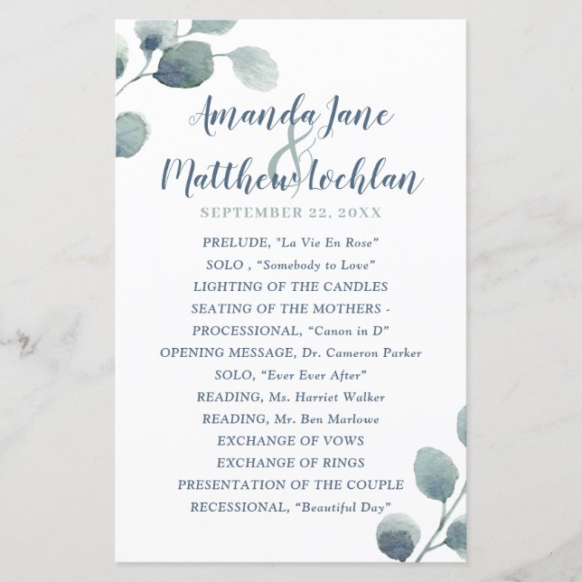 Eucalyptus Greenery Watercolor Wedding Program (Front)
