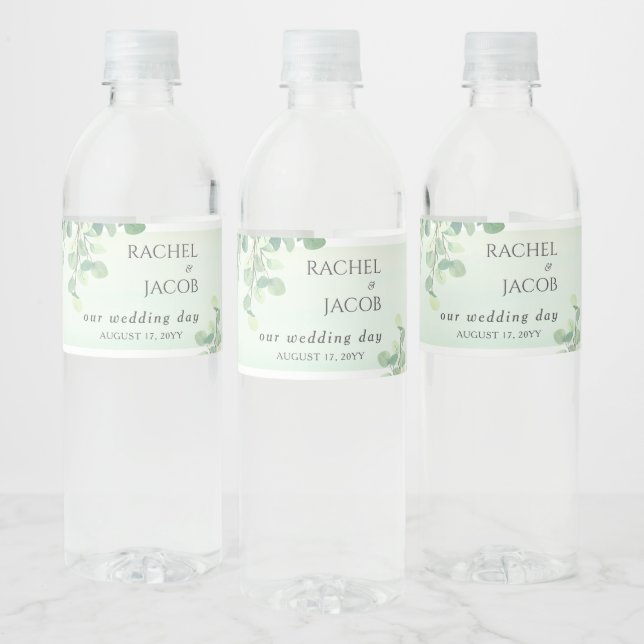 Eucalyptus Greenery Watercolor Wedding Water Bottle Label (Bottles)