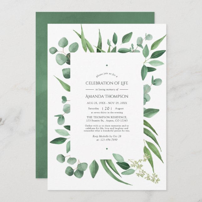 Eucalyptus Greenery Wedding Celebration of Life Announcement (Front/Back)