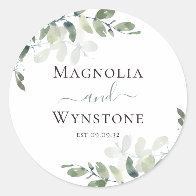 Eucalyptus Greenery Wedding  Classic Round Sticker (Front)