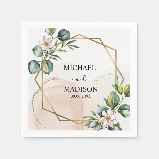 Eucalyptus Greenery Wedding Custom Names & Date Napkin (Front)