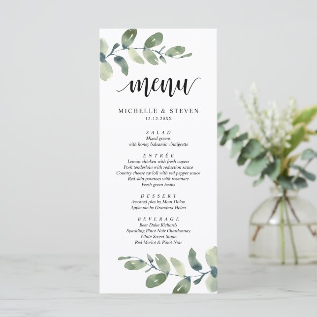 Eucalyptus Greenery Wedding Elopement Dinner Menu (Standing Front)