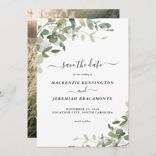 Eucalyptus Greenery Wedding Photo Save the Date (Front/Back)