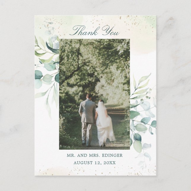 Eucalyptus Greenery Wedding Photo Thank You Postcard (Front)